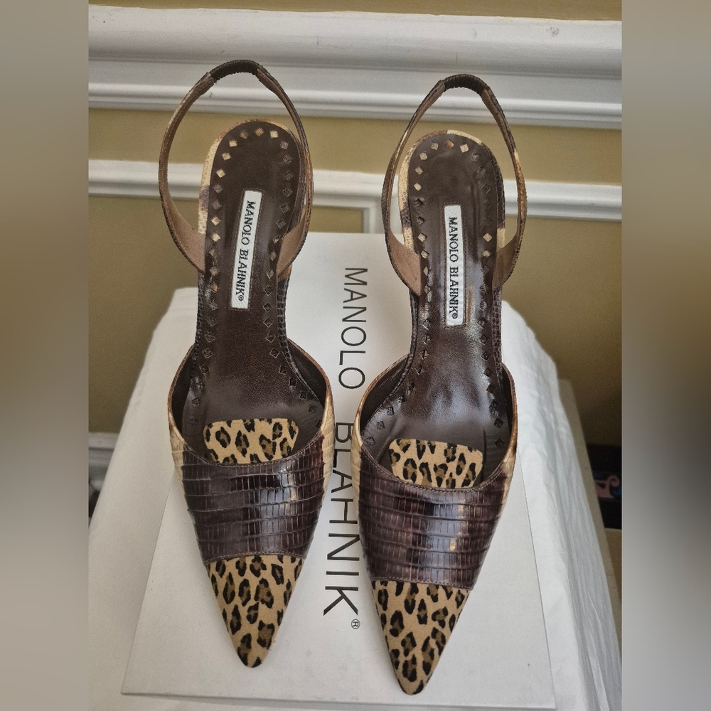 Manolo Blahnik Leopard and Snakeskin Brown Heels Size 39/US 8